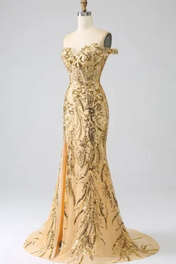 Vestido de cerimônia sereia brilhante com ombro de fora rosa dourado espartilho com fenda