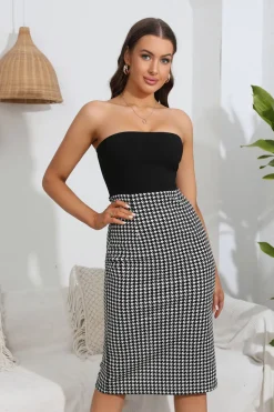 Vestido de cocktail Bodycon xadrez sem alças com fenda