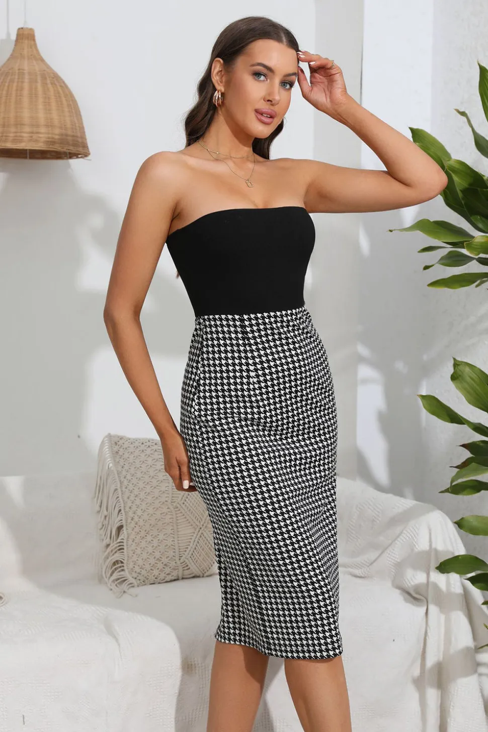 Vestido de cocktail Bodycon xadrez sem alças com fenda