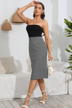 Vestido de cocktail Bodycon xadrez sem alças com fenda