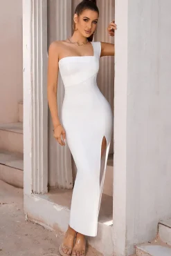 Vestido de cocktail branco de um ombro bodycon midi com fenda