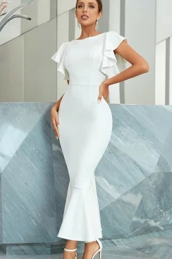 Vestido de cocktail branca sereia com folhos