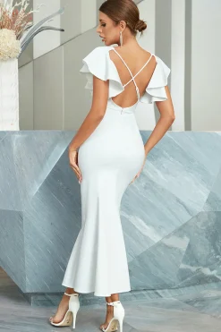 Vestido de cocktail branca sereia com folhos