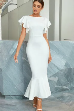 Vestido de cocktail branca sereia com folhos