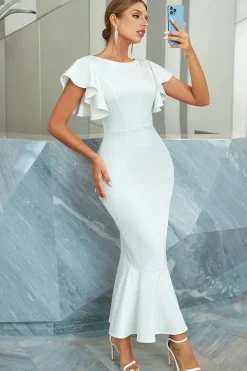 Vestido de cocktail branca sereia com folhos