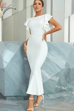 Vestido de cocktail branca sereia com folhos