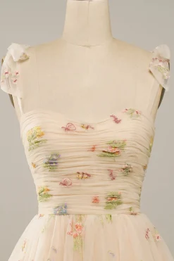 Vestido de Cocktail Champanhe Cintas de Espaguete