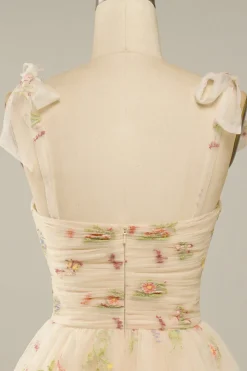 Vestido de Cocktail Champanhe Cintas de Espaguete