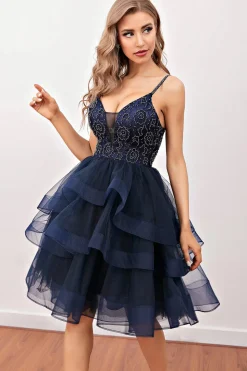 Vestido de cocktail curto de missanga da Marinha