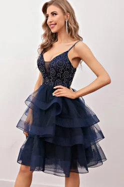 Vestido de cocktail curto de missanga da Marinha