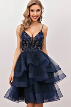 Vestido de cocktail curto de missanga da Marinha