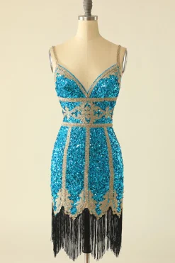 Vestido de cocktail curto de lantejoulas do lago azul com franjas