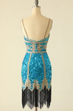 Vestido de cocktail curto de lantejoulas do lago azul com franjas