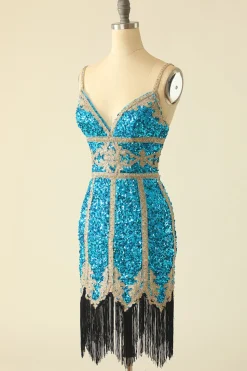 Vestido de cocktail curto de lantejoulas do lago azul com franjas