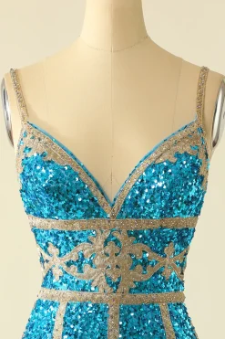 Vestido de cocktail curto de lantejoulas do lago azul com franjas