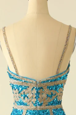 Vestido de cocktail curto de lantejoulas do lago azul com franjas