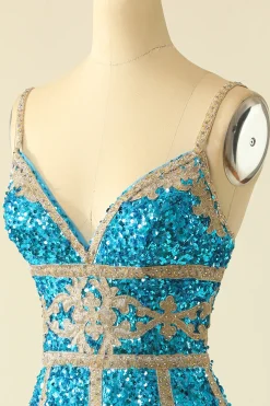 Vestido de cocktail curto de lantejoulas do lago azul com franjas