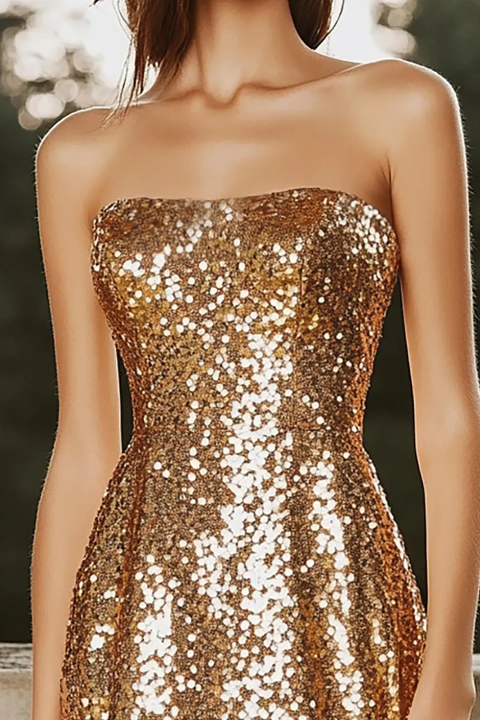 Vestido de cocktail curto sem alças A-Line Gold