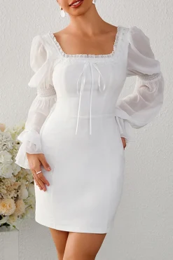 Vestido de cocktail curto branco bodycon pescoço quadrado