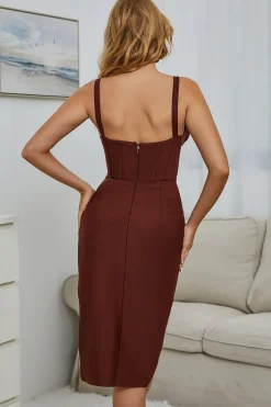 Vestido de Cocktail de damasco de pescoço profundo v com fenda