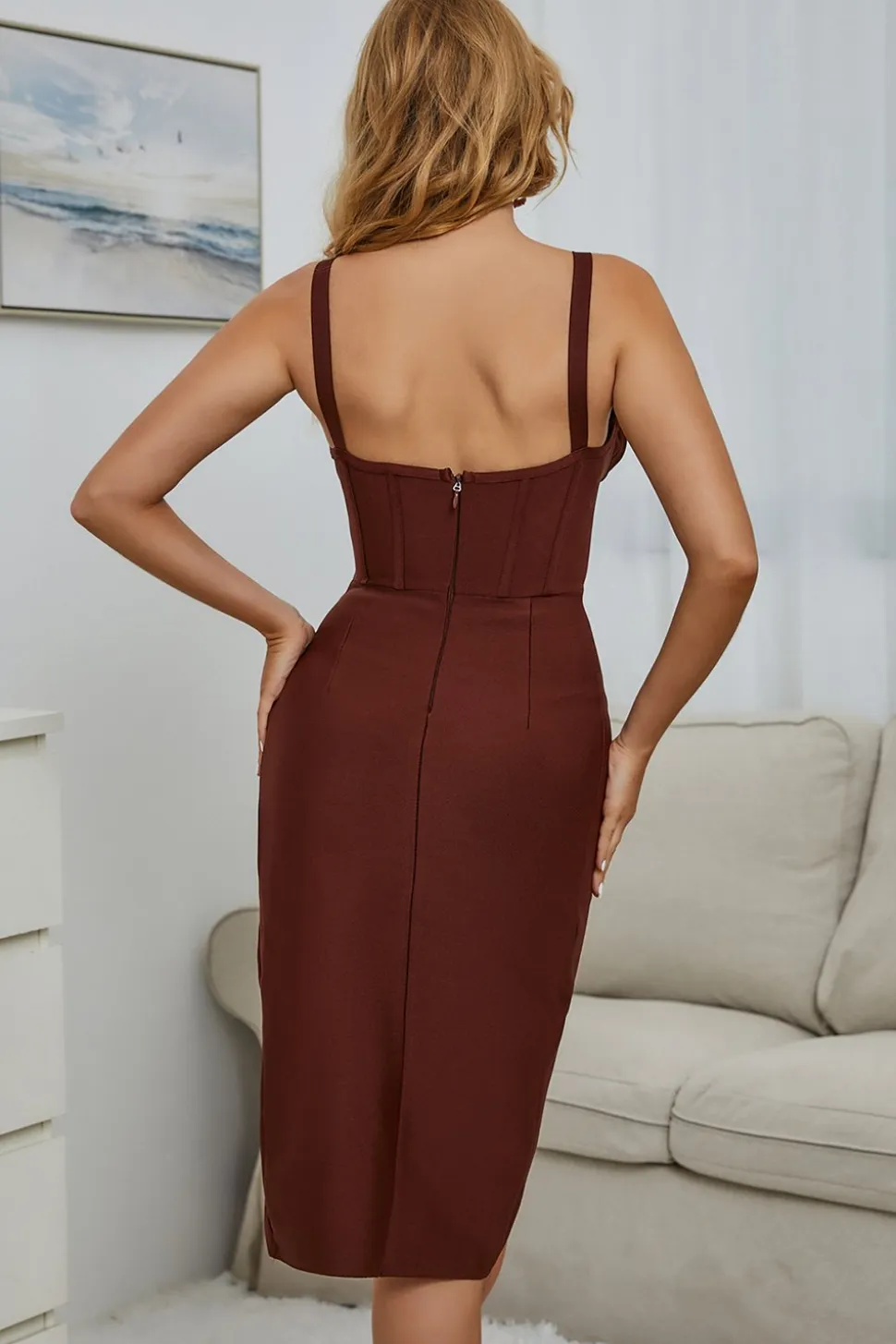 Vestido de Cocktail de damasco de pescoço profundo v com fenda