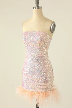 Vestido de Cocktail de lantejoulas azul céu com penas