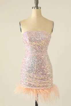 Vestido de Cocktail de lantejoulas azul céu com penas