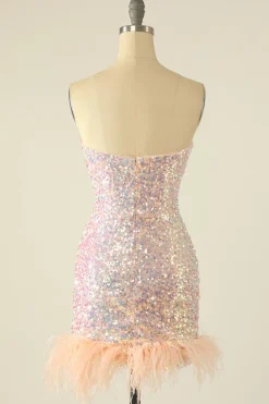 Vestido de Cocktail de lantejoulas azul céu com penas