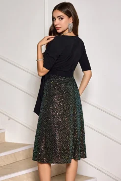 Vestido de cocktail de lantejoulas preto brilhante A-Line com meias mangas
