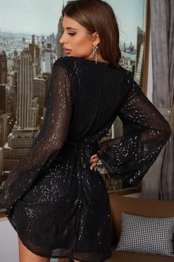 Vestido de cocktail de mangas compridas pretas de lantejoulas pretas