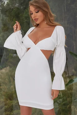 Vestido de cocktail de mangas compridas bodycon branca