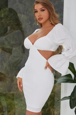 Vestido de cocktail de mangas compridas bodycon branca