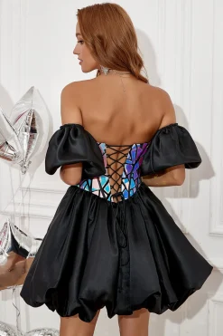 Vestido de Cocktail de namorada preta com mangas destacáveis
