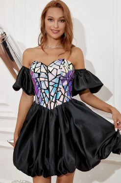Vestido de Cocktail de namorada preta com mangas destacáveis
