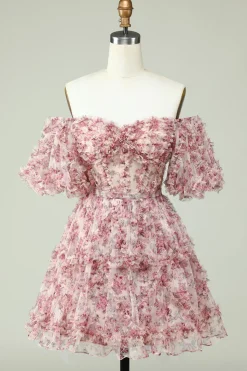 Vestido de Cocktail Fora do Ombro Estampado Floral