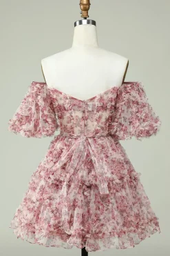 Vestido de Cocktail Fora do Ombro Estampado Floral