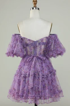 Vestido de Cocktail Fora do Ombro Estampado Floral