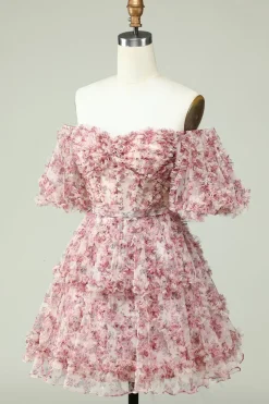 Vestido de Cocktail Fora do Ombro Estampado Floral
