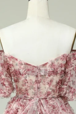 Vestido de Cocktail Fora do Ombro Estampado Floral