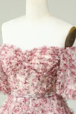 Vestido de Cocktail Fora do Ombro Estampado Floral