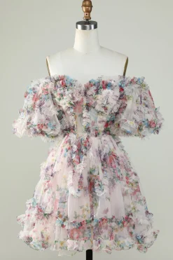 Vestido de Cocktail Fora do Ombro Estampado Floral