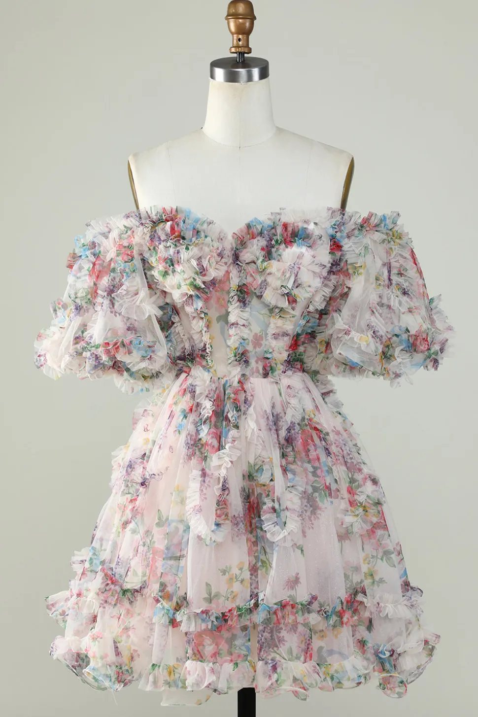 Vestido de Cocktail Fora do Ombro Estampado Floral