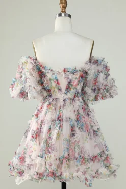 Vestido de Cocktail Fora do Ombro Estampado Floral