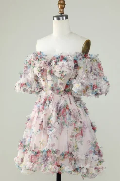 Vestido de Cocktail Fora do Ombro Estampado Floral