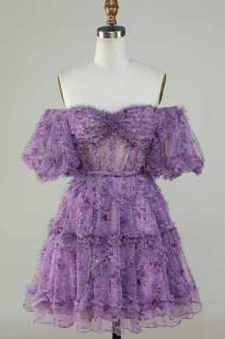 Vestido de Cocktail Fora do Ombro Estampado Floral