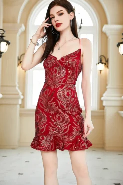Vestido de cocktail Lace-Up Back Borgonha com apliques