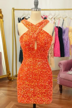 Vestido de cocktail lantejoulas laranja