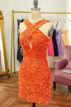 Vestido de cocktail lantejoulas laranja