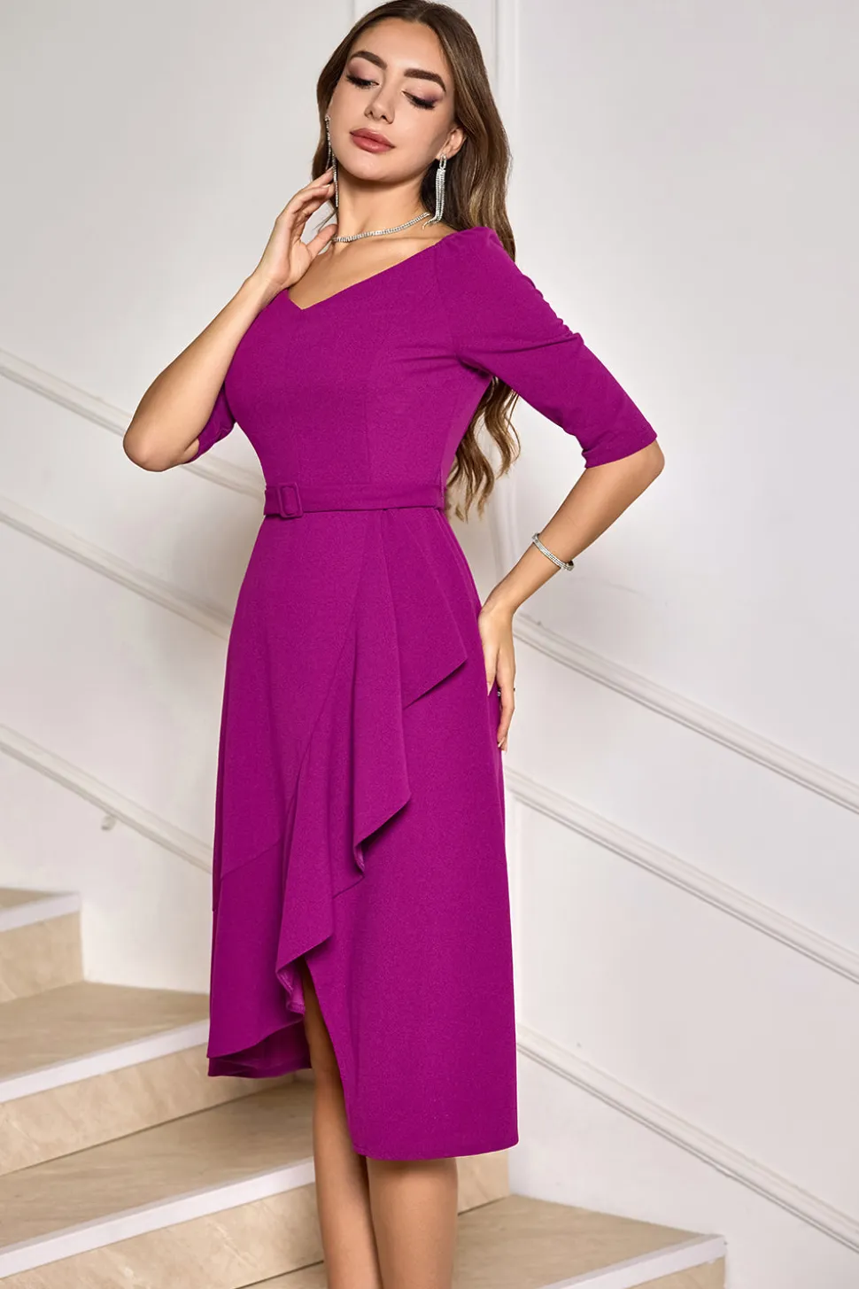 Vestido de cocktail Midi assimétrico roxo de uva com meias mangas