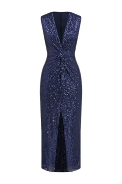 Vestido de cocktail Navy V-neck Sheath Sequins Midi com fenda
